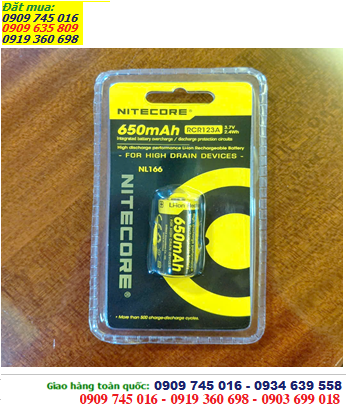 Nitecore RCR123A NL166, Pin sạc 3.7v CR123A Lithium Li-ion Nitecore RCR123A ICR123A (650mAh, Nội trở 2.4Wh)